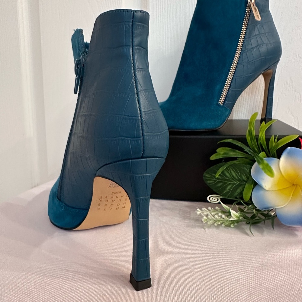 WHBM ~ Teal Suede and Croc Embossed Point Toe Ankle Booties w/Silver Hardware - Picture 7 of 8